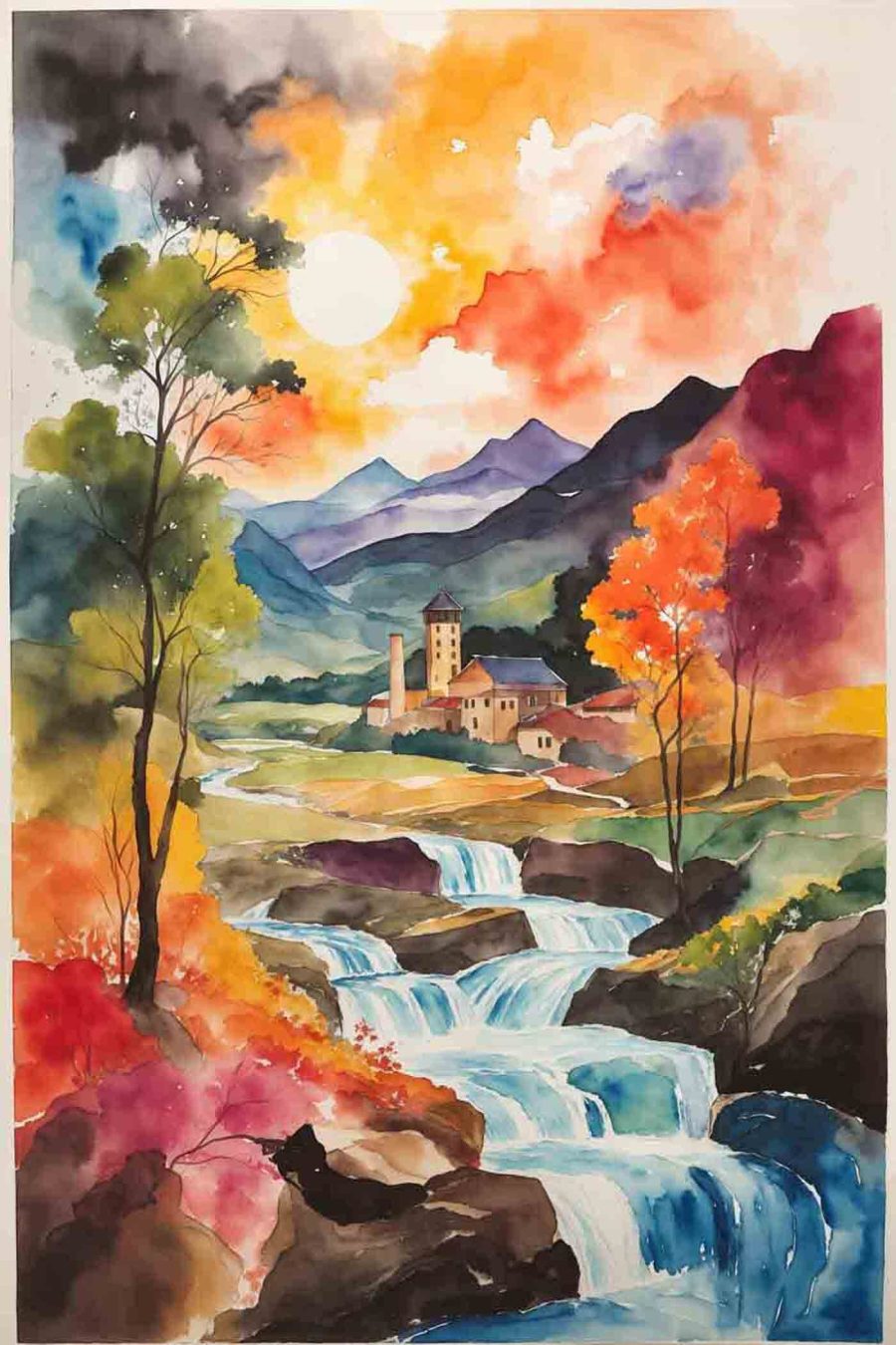Aquarelle d'une maison et d'une rivière
