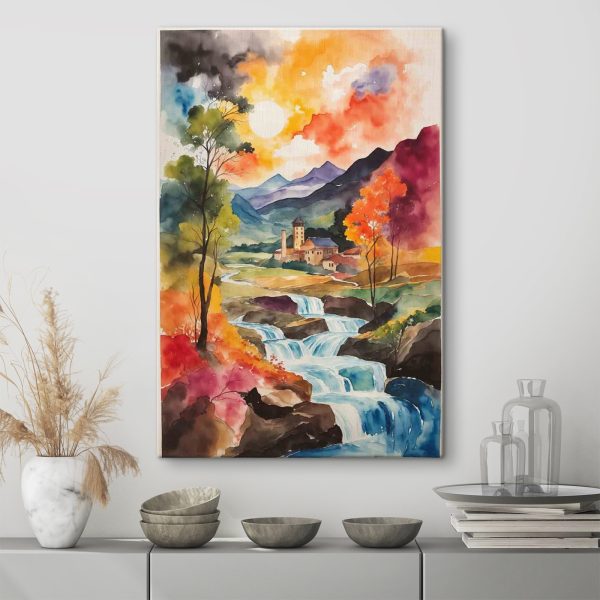 Aquarelle d'une maison et d'une rivière Aquarelle d'une maison et d'une rivière