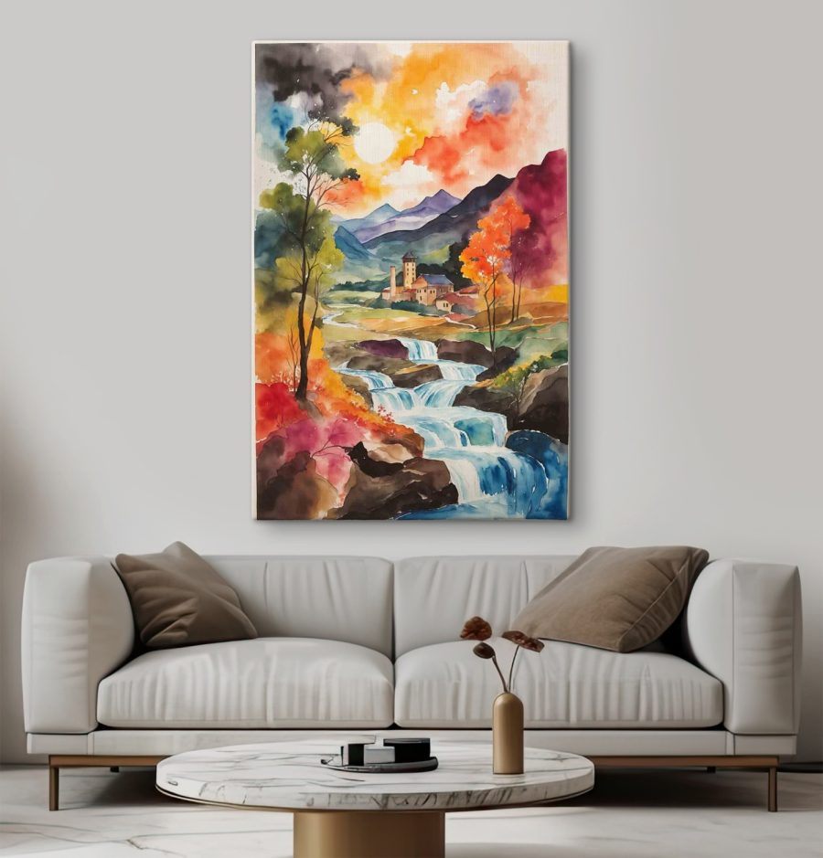 Aquarelle d'une maison et d'une rivière