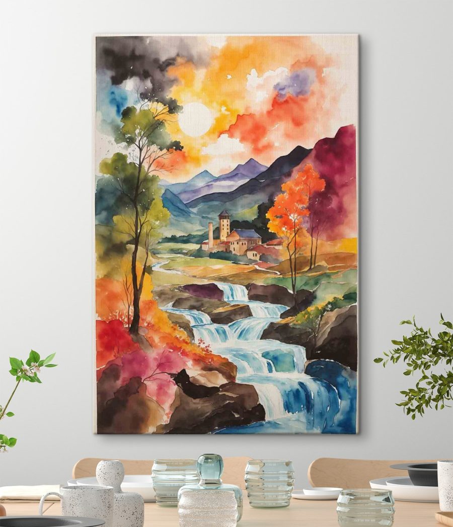 Aquarelle d'une maison et d'une rivière