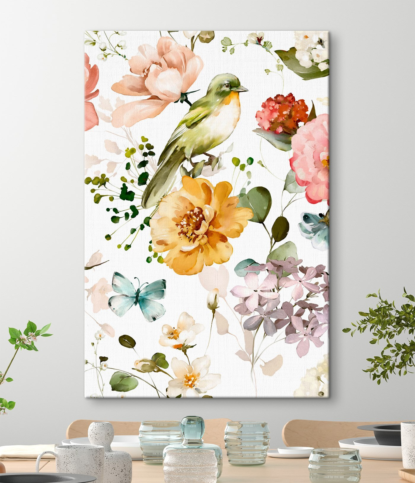 Bird and flowers on a white background