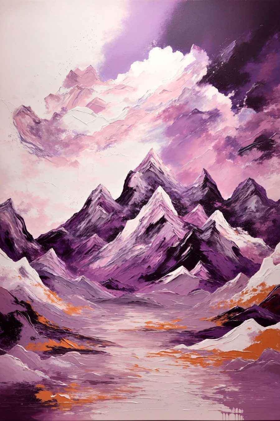 Montagnes violettes avec nuages et ciel violet
