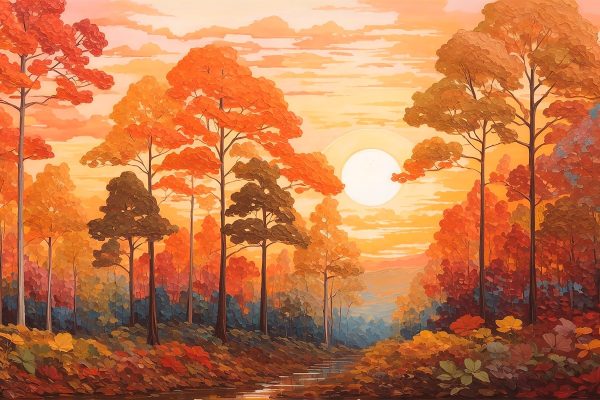 Peinture d'une forêt avec des arbres et une rivière Peinture d'une forêt avec des arbres et une rivière