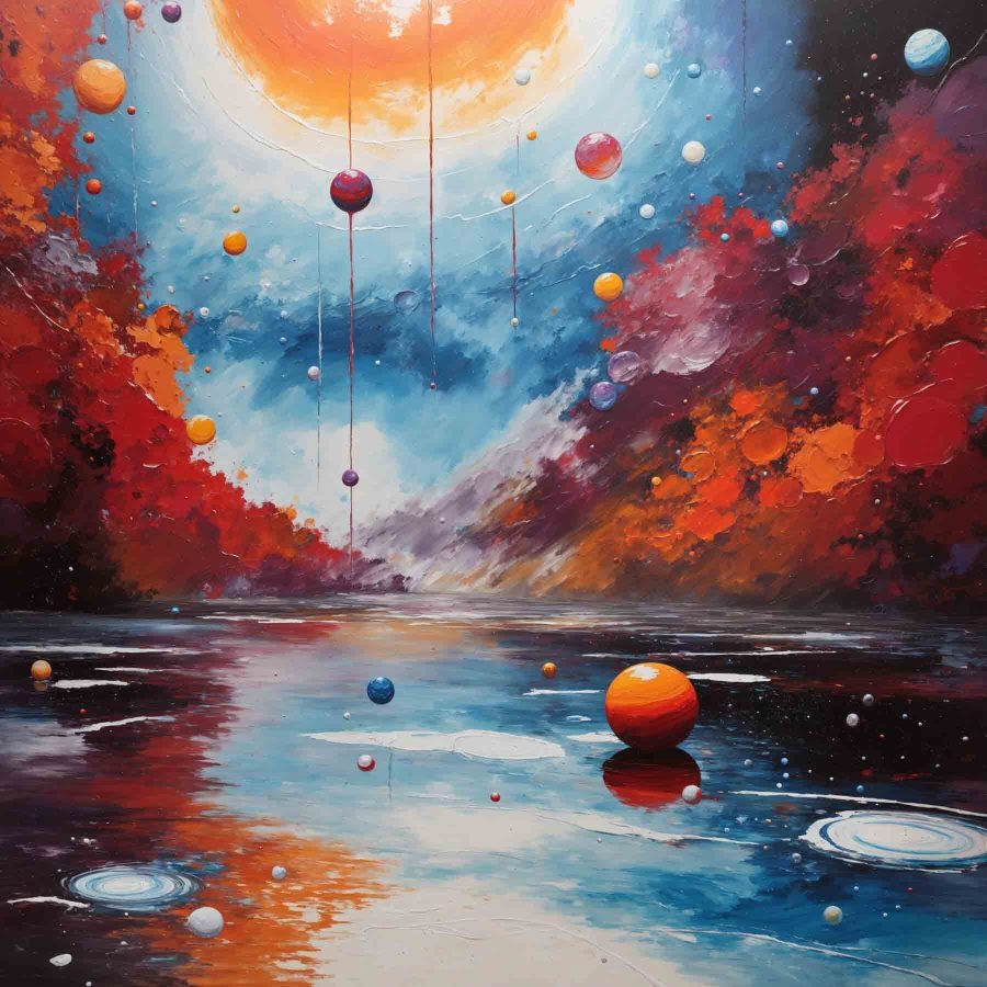Peinture d'un lac avec des boules colorées et des lumières