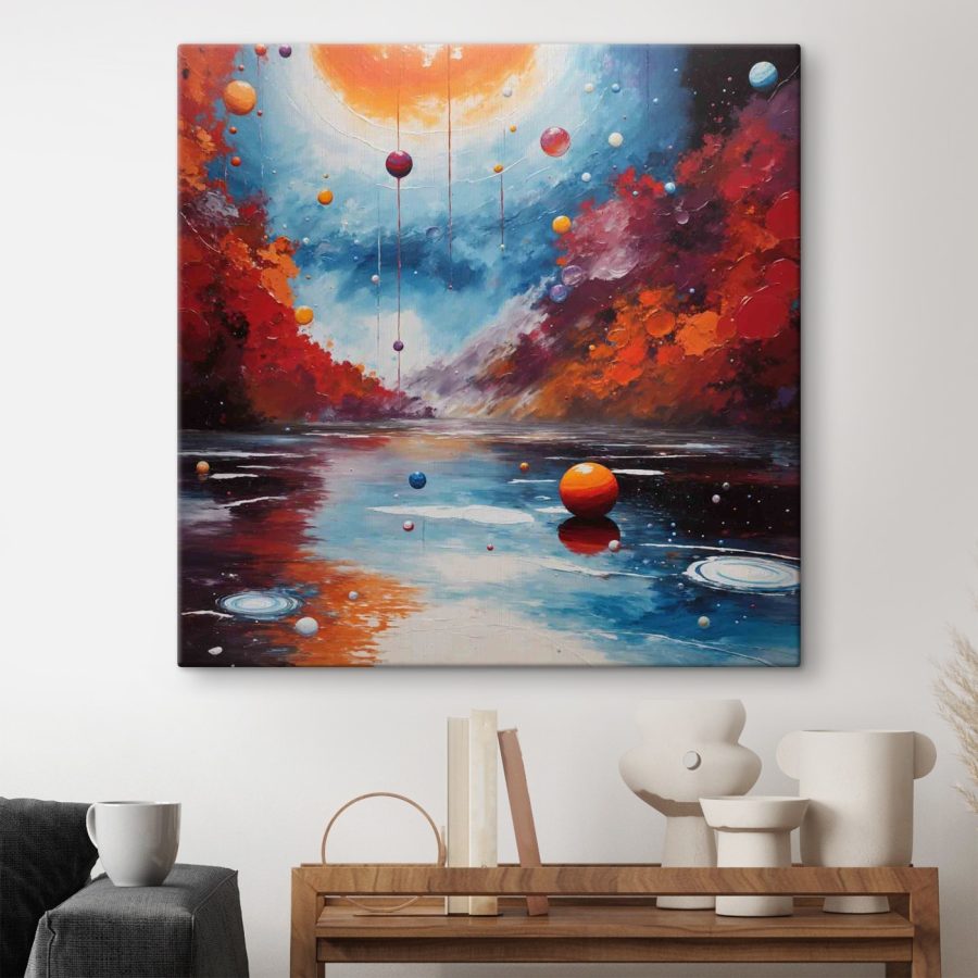 Peinture d'un lac avec des boules colorées et des lumières