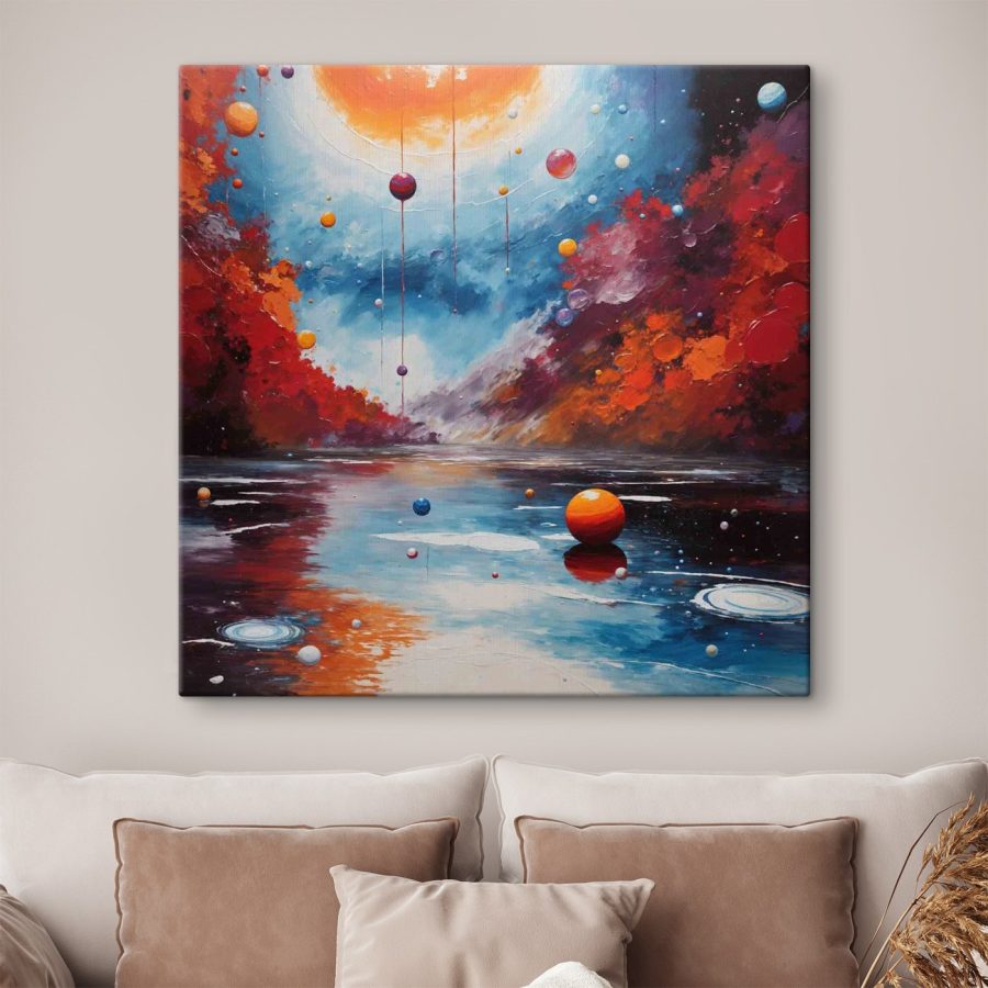Peinture d'un lac avec des boules colorées et des lumières