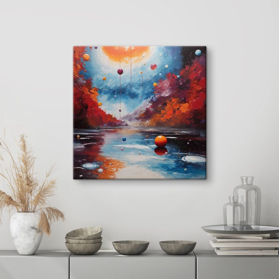 Peinture d'un lac avec des boules colorées et des lumières