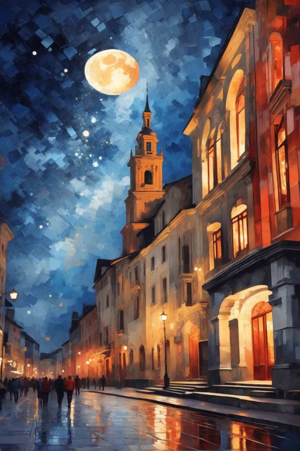 Rue avec bâtiments et lune Rue avec bâtiments et lune