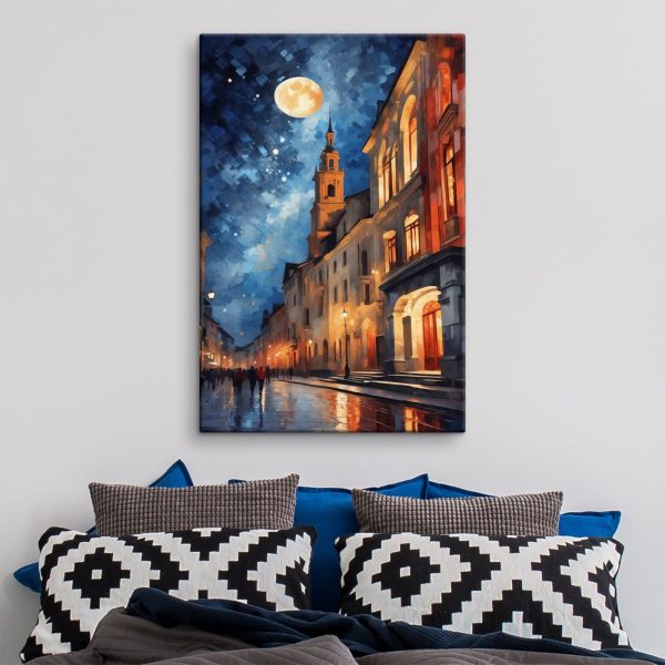 Rue avec bâtiments et lune Rue avec bâtiments et lune