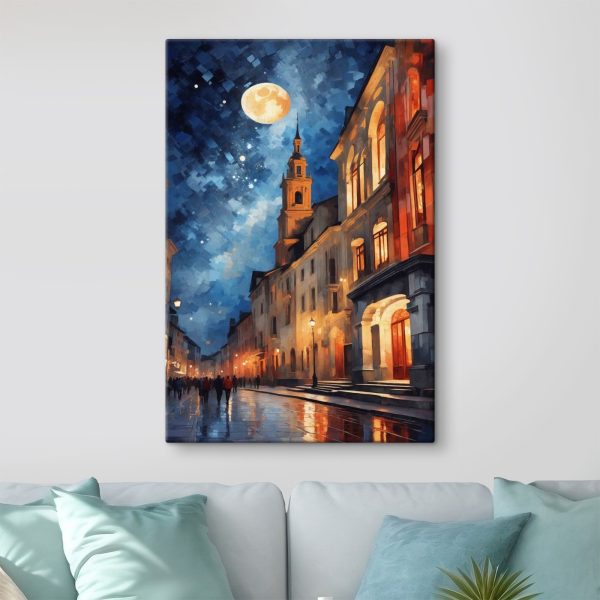 Rue avec bâtiments et lune Rue avec bâtiments et lune