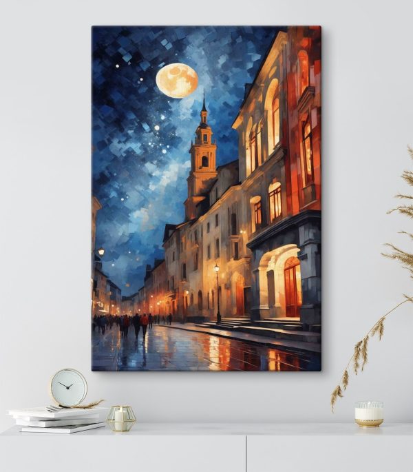 Rue avec bâtiments et lune Rue avec bâtiments et lune