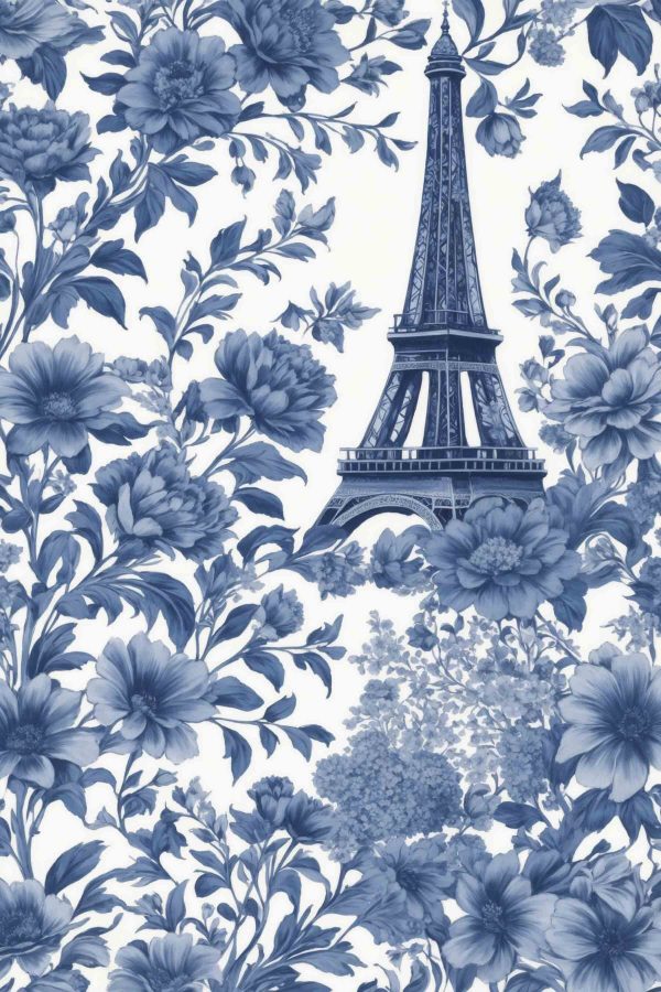 Blue and white floral pattern with a tower Blue and white floral pattern with a tower