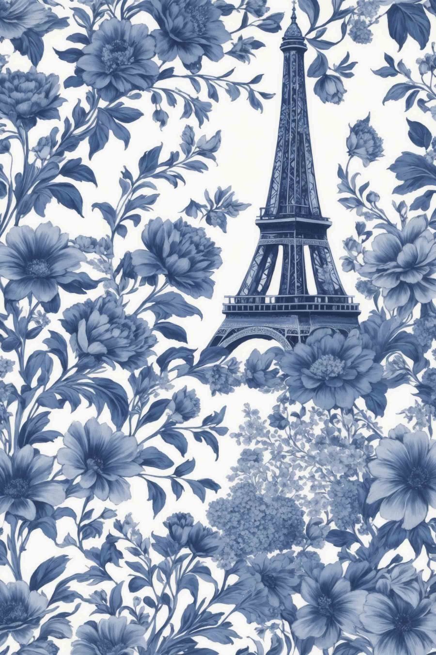 Blue and white floral pattern with a tower Blue and white floral pattern with a tower