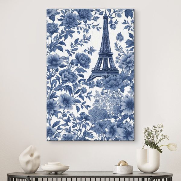Blue and white floral pattern with a tower Blue and white floral pattern with a tower