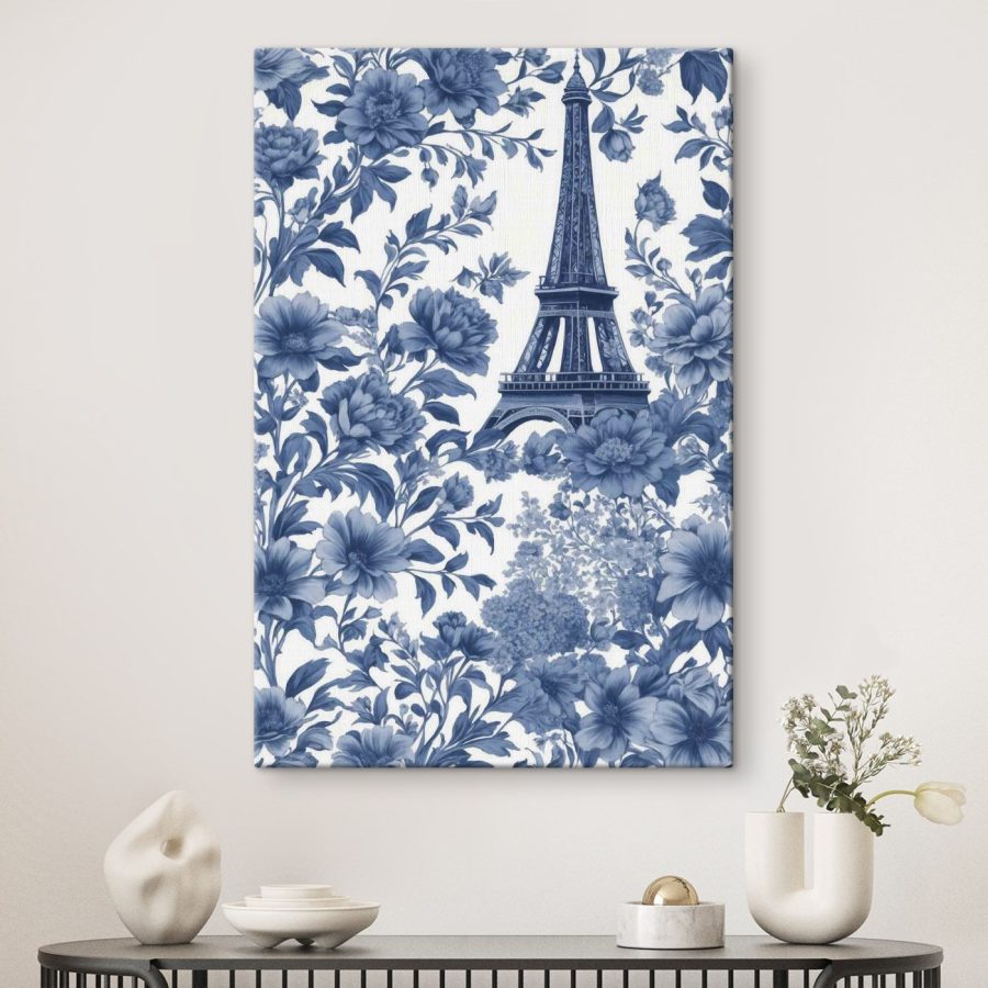 Blue and white floral pattern with a tower Blue and white floral pattern with a tower