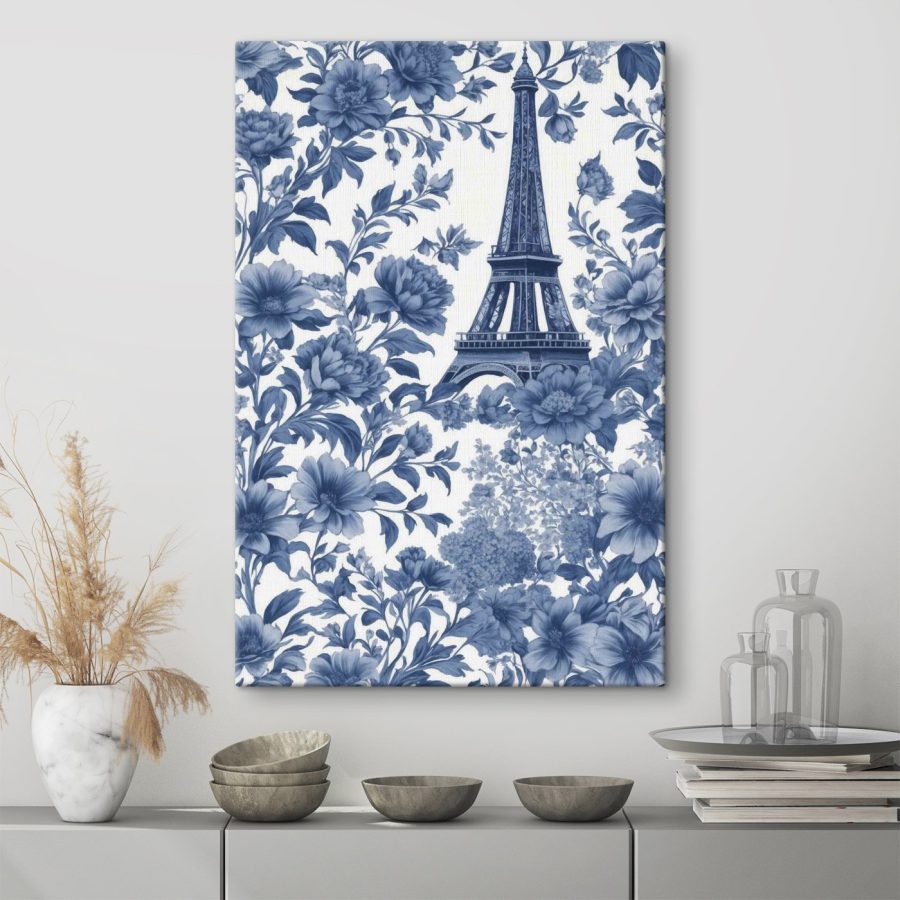 Blue and white floral pattern with a tower Blue and white floral pattern with a tower