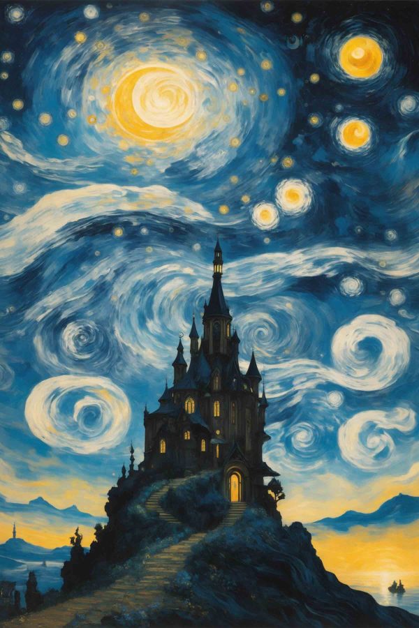 Peinture d'un château dans le ciel nocturne Peinture d'un château dans le ciel nocturne