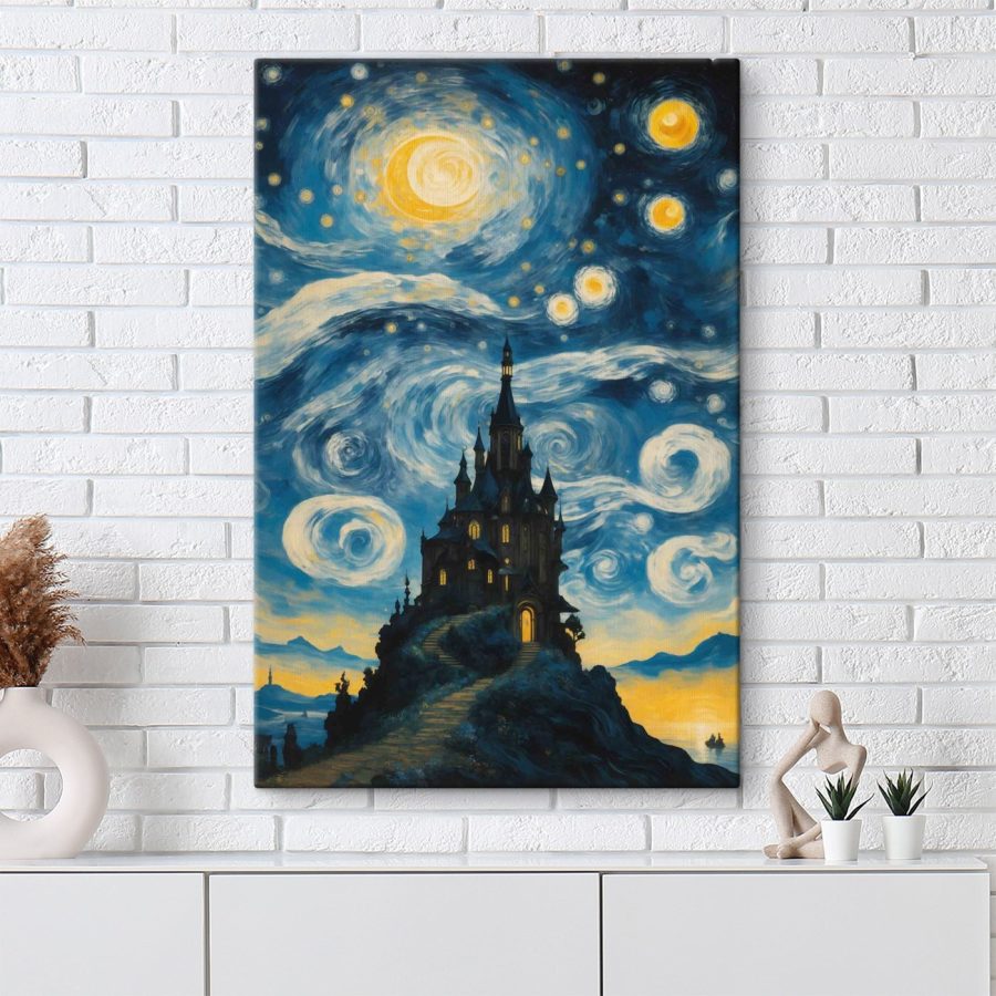 Peinture d'un château dans le ciel nocturne