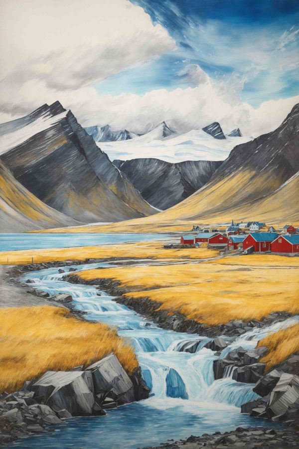 Rivière traversant une vallée avec des montagnes et un village Rivière traversant une vallée avec des montagnes et un village