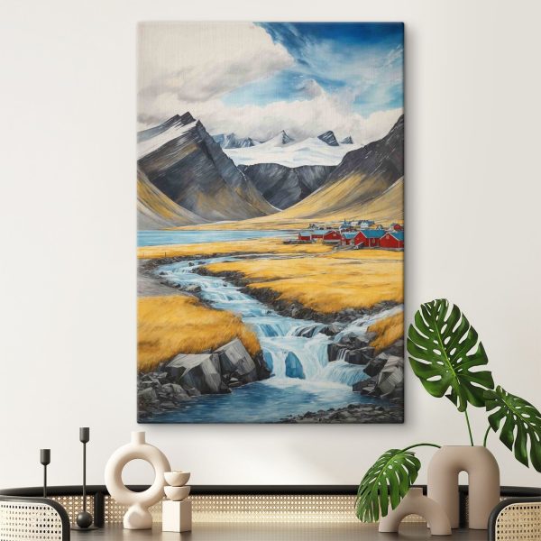 Rivière traversant une vallée avec des montagnes et un village Rivière traversant une vallée avec des montagnes et un village