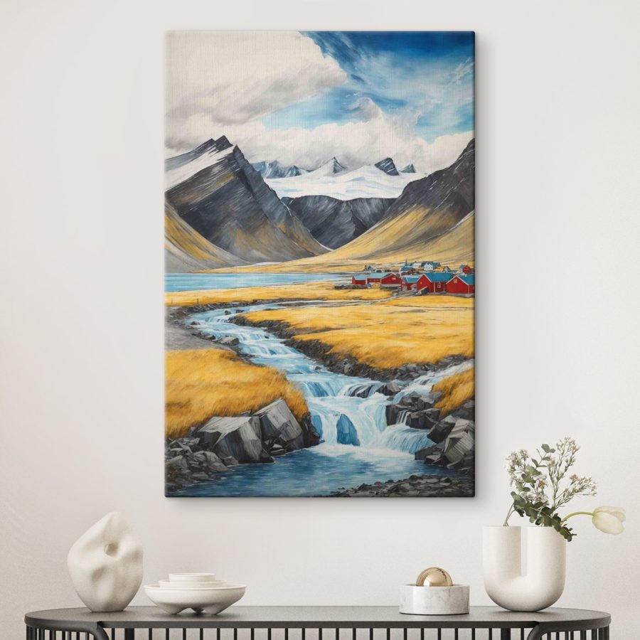 Rivière traversant une vallée avec des montagnes et un village