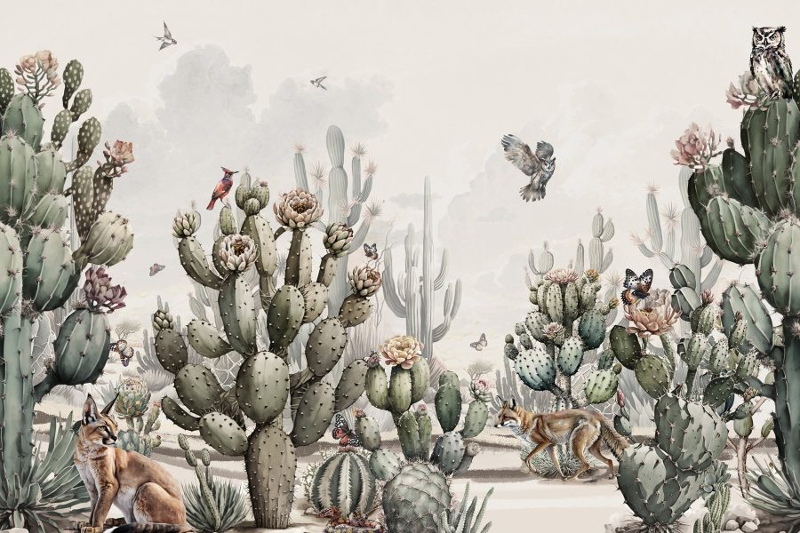 Groupe de cactus et d'oiseaux
