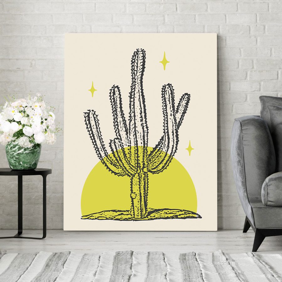 Cactus avec un cercle jaune et des étoiles