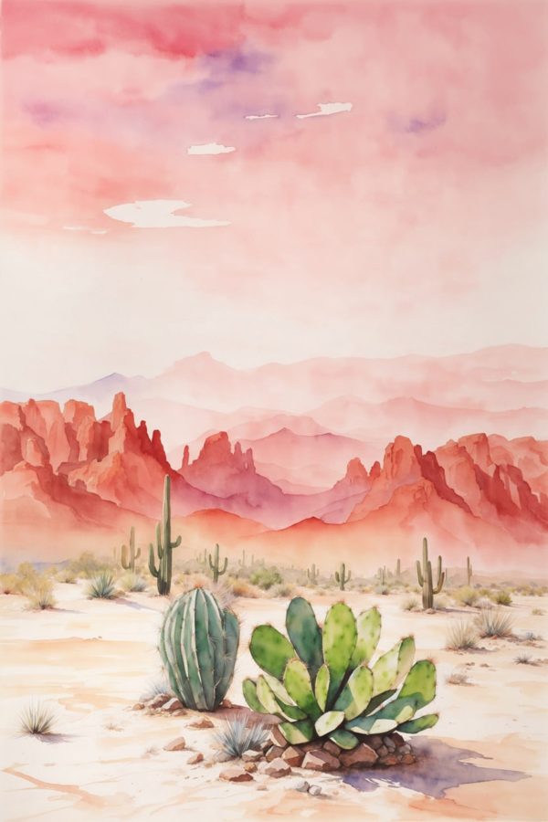 Aquarelle d'un paysage désertique avec des cactus et des montagnes Aquarelle d'un paysage désertique avec des cactus et des montagnes