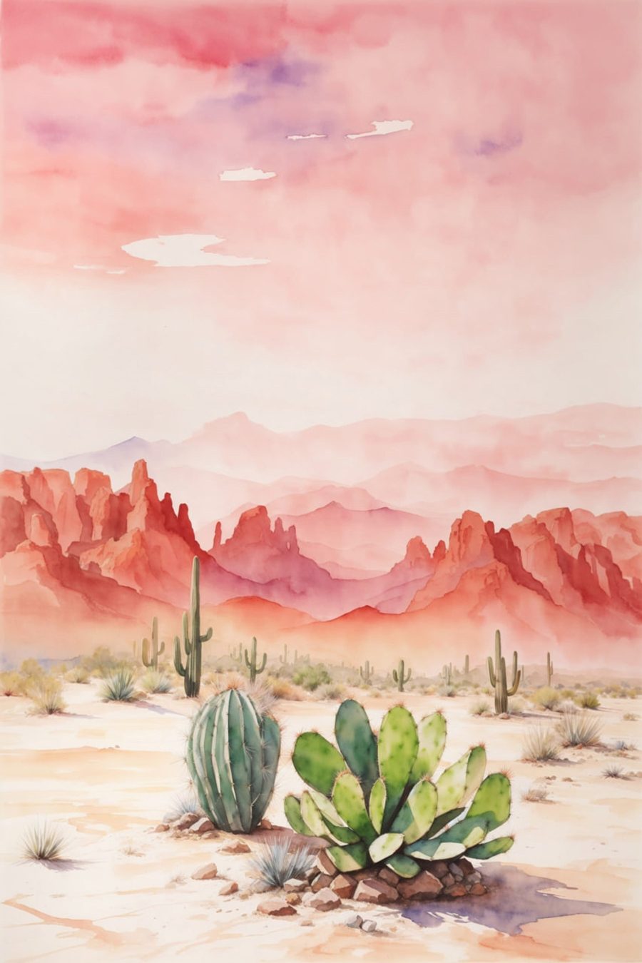Aquarelle d'un paysage désertique avec des cactus et des montagnes Aquarelle d'un paysage désertique avec des cactus et des montagnes