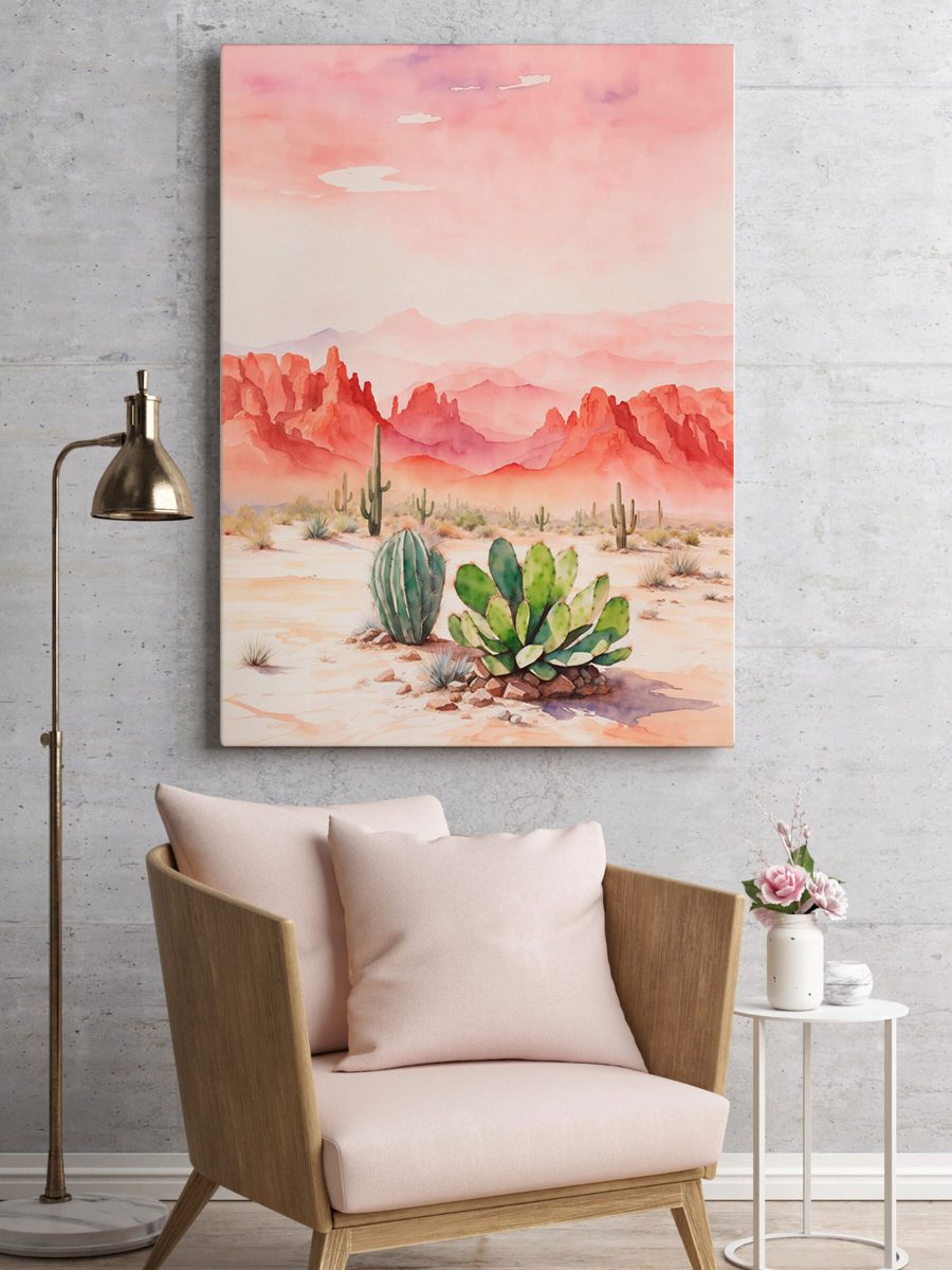 Aquarelle d'un paysage désertique avec des cactus et des montagnes Aquarelle d'un paysage désertique avec des cactus et des montagnes