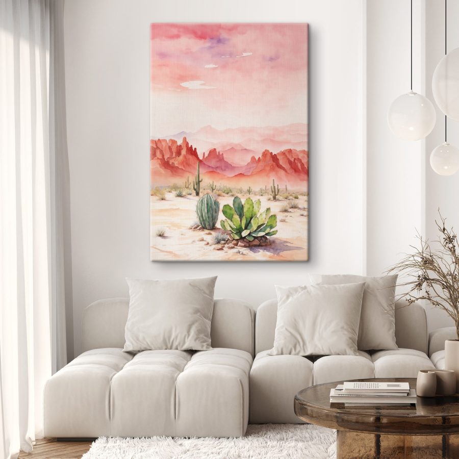 Aquarelle d'un paysage désertique avec des cactus et des montagnes Aquarelle d'un paysage désertique avec des cactus et des montagnes