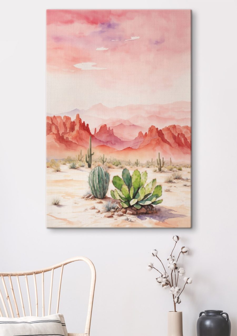 Aquarelle d'un paysage désertique avec des cactus et des montagnes Aquarelle d'un paysage désertique avec des cactus et des montagnes