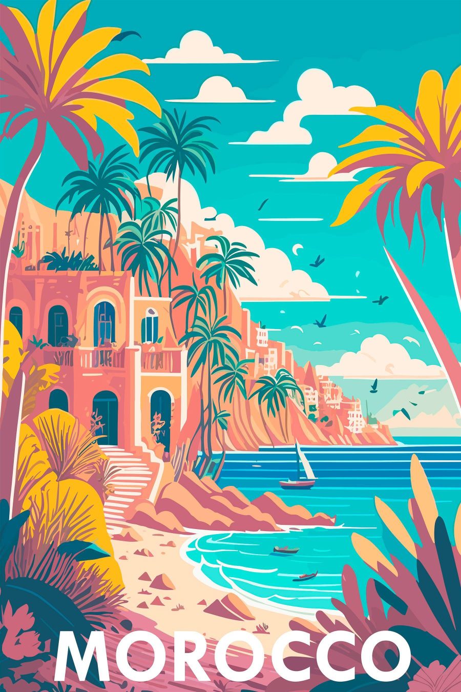 Plage avec palmiers et bâtiments Plage avec palmiers et bâtiments