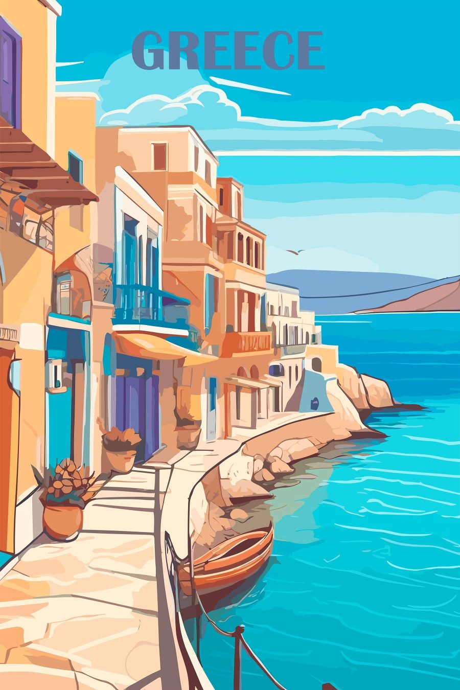 Peinture d'une ville le long d'une étendue d'eau