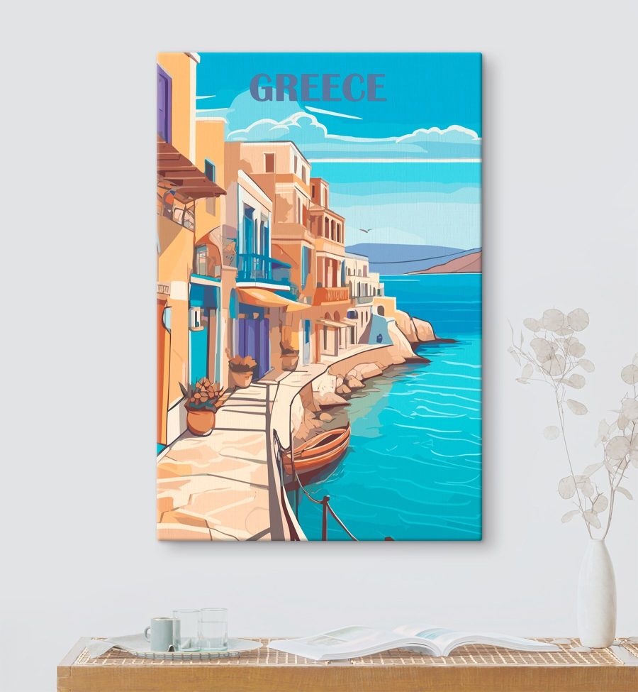 Peinture d'une ville le long d'une étendue d'eau
