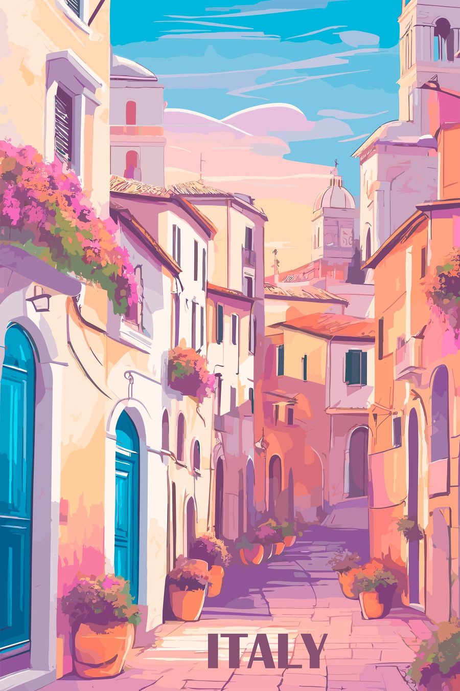 Peinture d'une rue avec des bâtiments et des fleurs