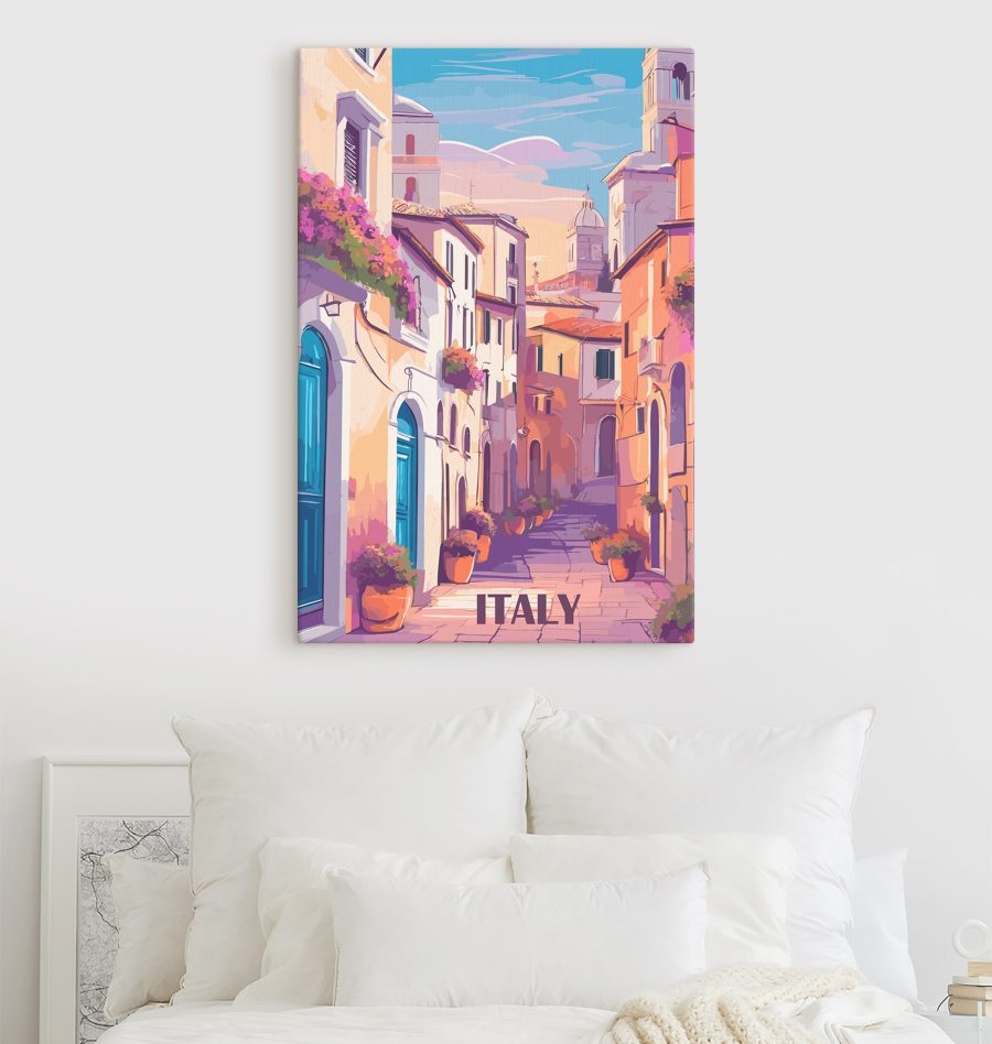 Peinture d'une rue avec des bâtiments et des fleurs