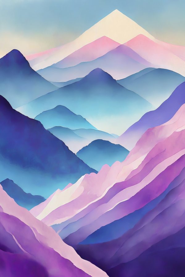 Peinture de montagnes avec des couleurs violettes et bleues Peinture de montagnes avec des couleurs violettes et bleues