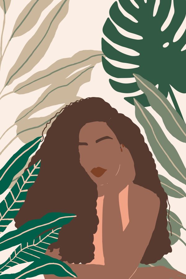 Femme aux cheveux longs sur fond de feuilles vertes Femme aux cheveux longs sur fond de feuilles vertes