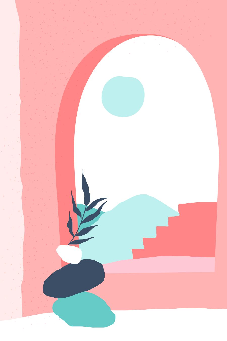 Illustration rose et bleue d'une fenêtre avec une plante dans un vase Illustration rose et bleue d'une fenêtre avec une plante dans un vase