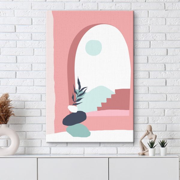 Illustration rose et bleue d'une fenêtre avec une plante dans un vase Illustration rose et bleue d'une fenêtre avec une plante dans un vase
