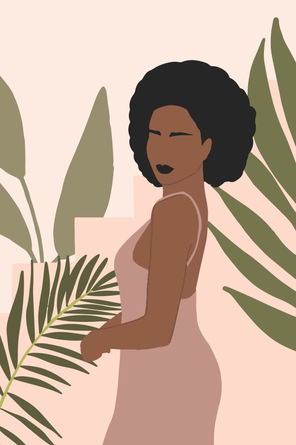 Femme aux cheveux noirs et plante Femme aux cheveux noirs et plante