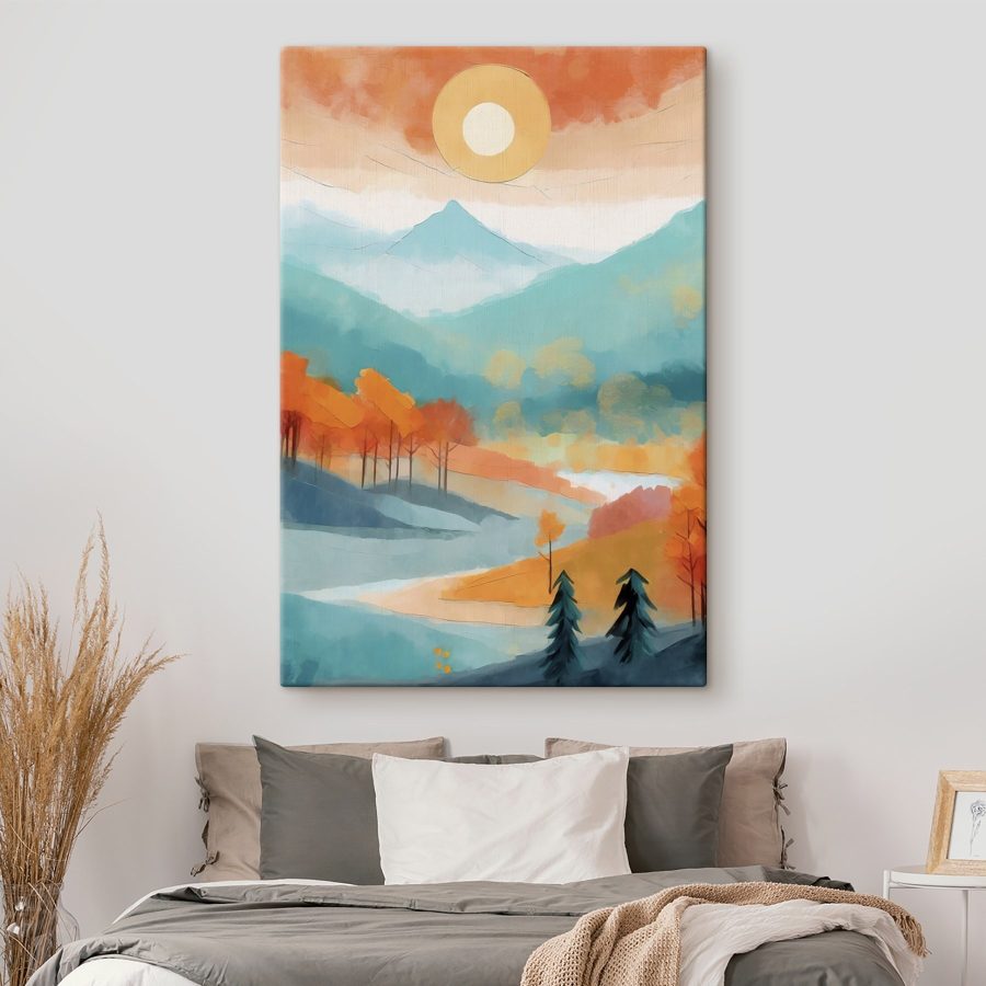 Peinture d'un paysage avec des arbres et des montagnes Peinture d'un paysage avec des arbres et des montagnes