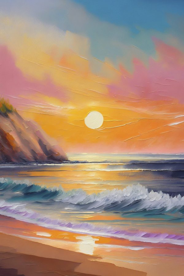 Peinture d'une plage avec des vagues et des collines Peinture d'une plage avec des vagues et des collines