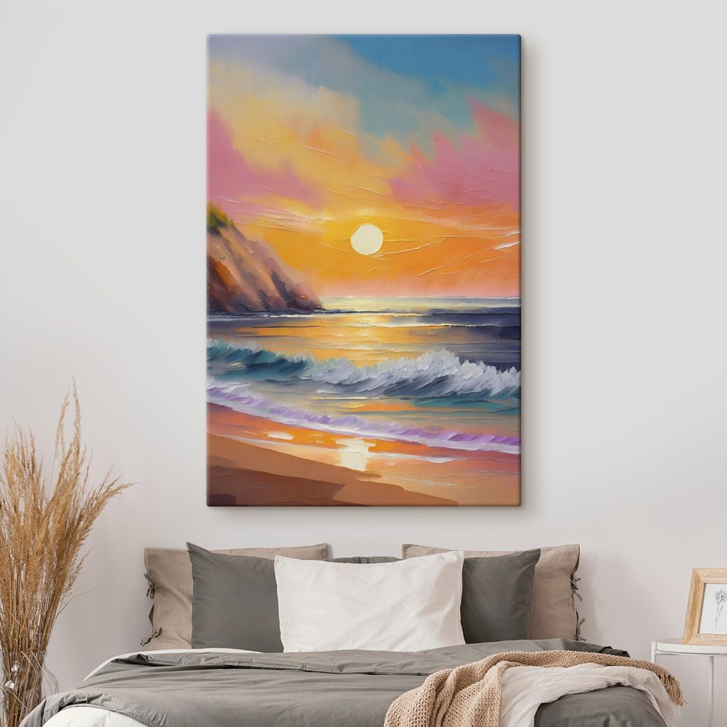 Painting of a beach with waves and hills