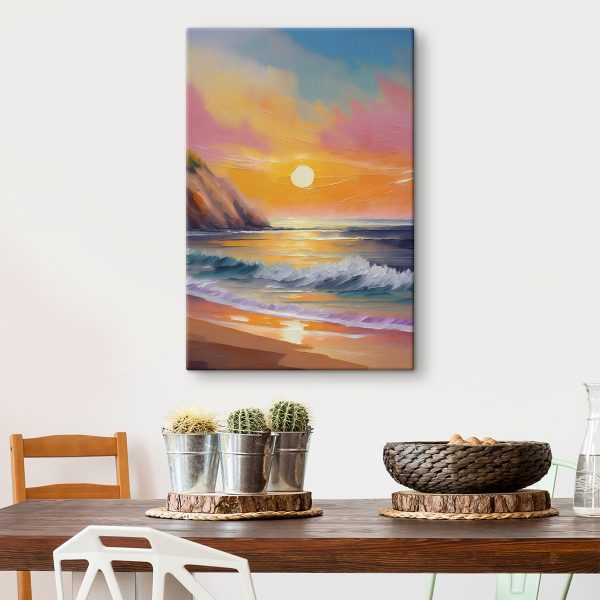 Peinture d'une plage avec des vagues et des collines Peinture d'une plage avec des vagues et des collines