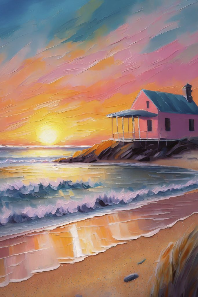 Painting of a house on a beach