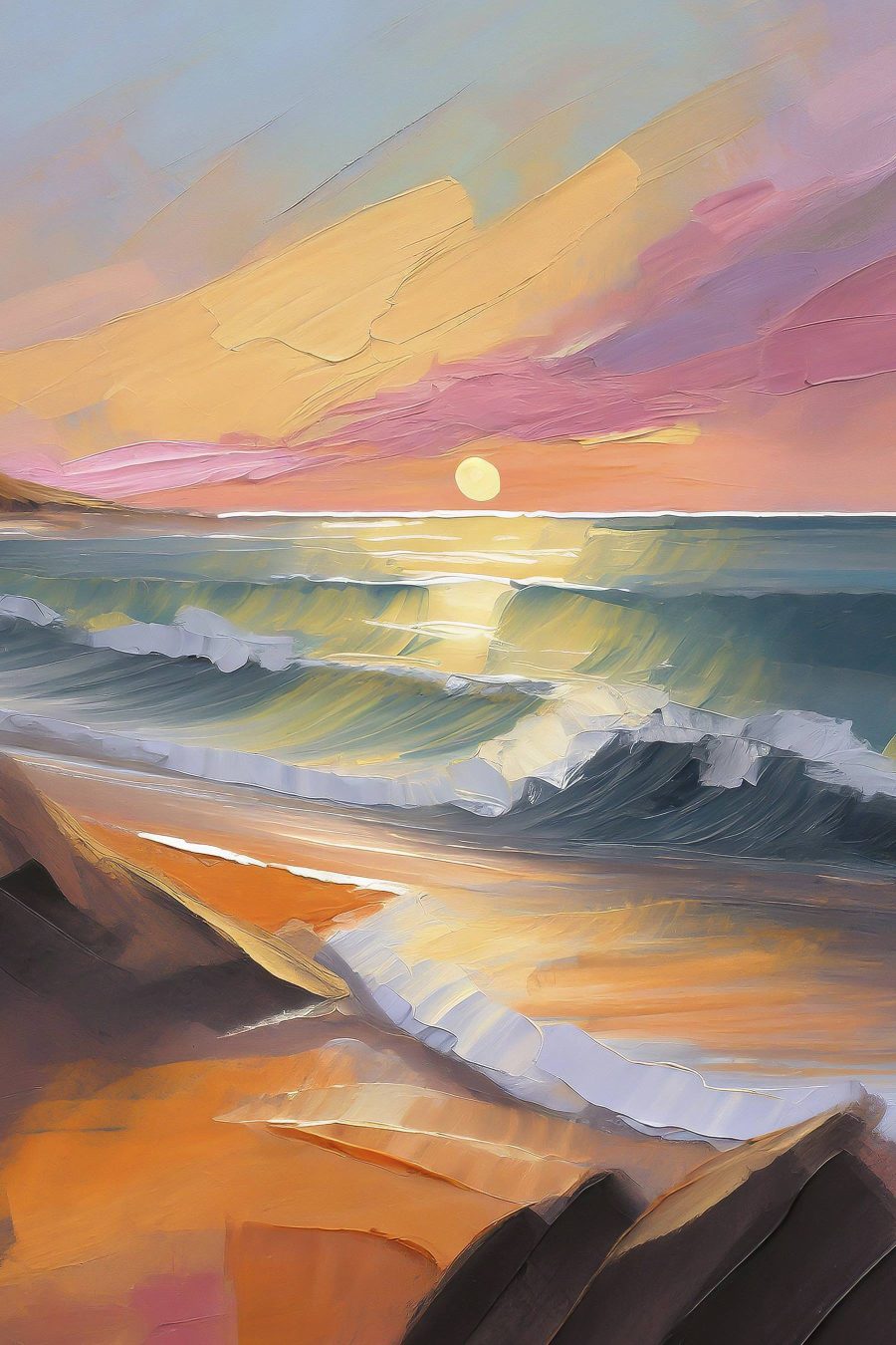 Peinture d'une plage avec des vagues et un coucher de soleil
