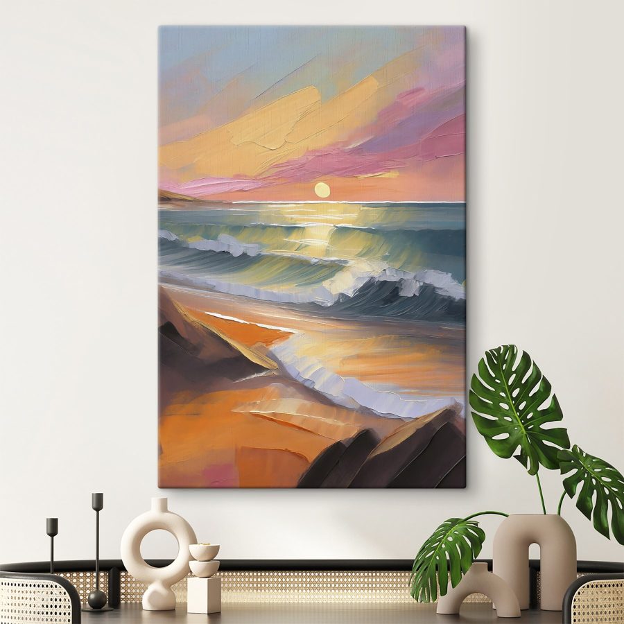 Peinture d'une plage avec des vagues et un coucher de soleil