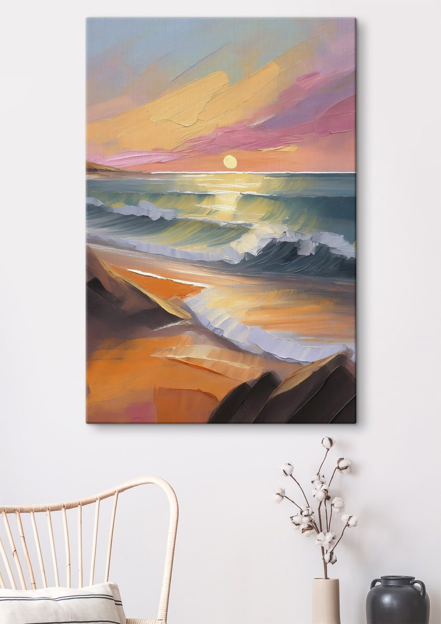 Peinture d'une plage avec des vagues et un coucher de soleil